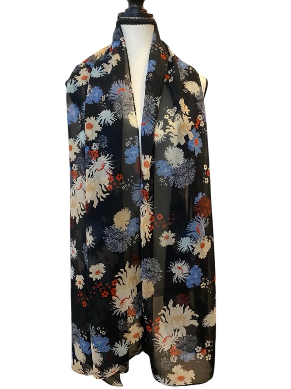 Ann Taylor Floral Scarf in Black Blue Tan and Red  26” x 70” EUC
